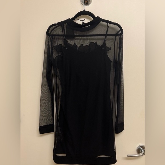 AllSaints Keera Black Sheer Mesh dress with Ribbed Neckline - Picture 4 of 6